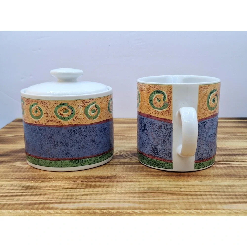 Vintage 1995 Sakura Malaga by Sue Zipkin Stoneware Creamer +‎ Sugar Bowl and Lid